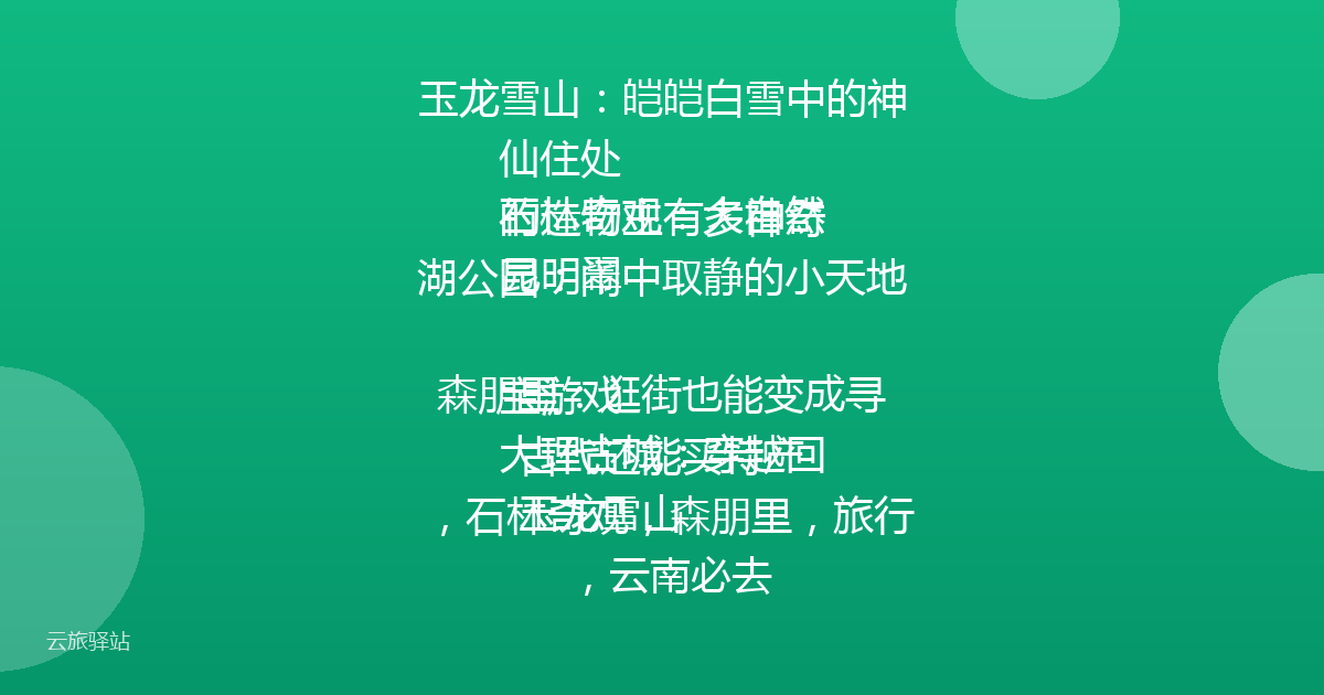 玉龙雪山:皑皑白雪中的神仙住处
石林奇观:大自然的造物主有多神奇
昆明翠湖公园:闹中取静的小天地
森朋里:逛街也能变成寻宝游戏
大理古城:穿越回古代还能买特产
玉龙雪山,石林奇观,森朋里,旅行,云南必去